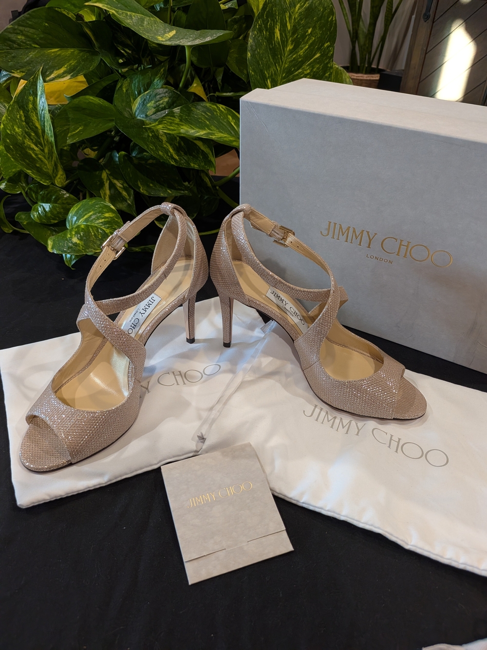 Jimmy Choo Emily 85 Women's Nude Glitter Strappy High Heel Sandals
